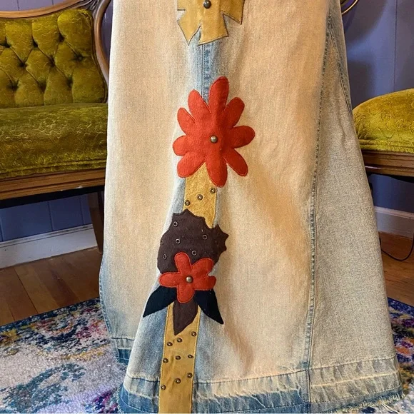 Vintage 90s/Y2K RARE Road Cat Suede And Felt Patchwork Maxi Denim Skirt Size M - Picture 8 of 16
